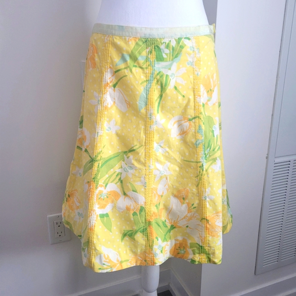 Anthropologie Elevenses Floral Yellow A-line Cotton Skirt Midi Skirt Size 6